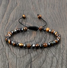 Natural Obsidian Tiger Eye Faceted Hematite Beaded Triple Protection Bracelet