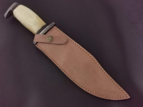 13" CUSTOM HAND MADE DAMASCUS STEEL BOWIE KNIFE WOOD & BONE HANDLE W/SHEATH 5471 - Picture 3 of 7