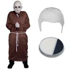ABITO MARRONE, BERRETTO CALVO BIANCO E VERNICE VISO UOMO HALLOWEEN VESTITO COSTUME