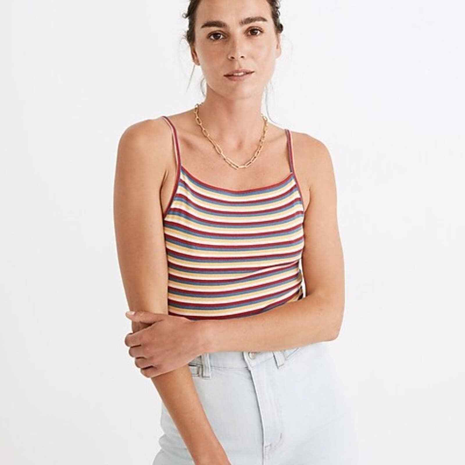 Ribbed Spaghetti-Strap Thong Bodysuit in Rainbow Stripe size small