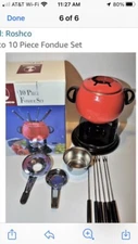 ROSHCO Red Porcelain Enamel Fondue Pot 9 Piece Set New Not In Box 6 Forks