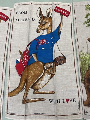 LOT (6) Linen Souvenir Tea Towel Australia Kangaroos Birds Aboriginal Weapons