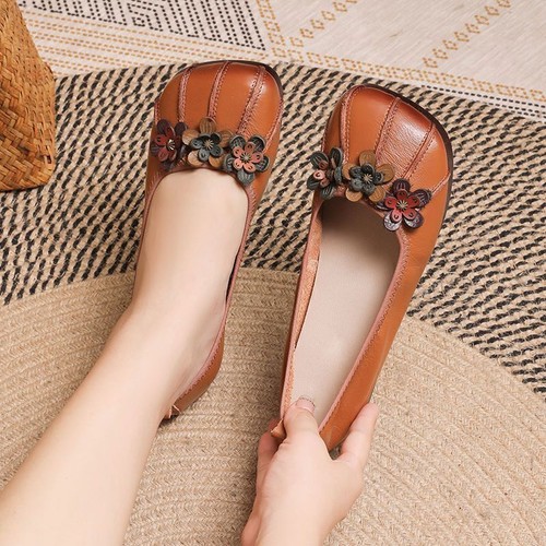 Vintage Floral Ballet Flats Women Leather Shallow Shoe Mom Driving Loafers Retro - Picture 12 of 12