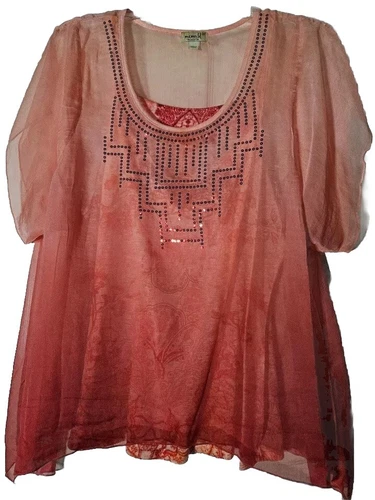 One World LIVE AND LET LIVE 2X Sheer Short Sleeve Top Blouse and Cami Womens