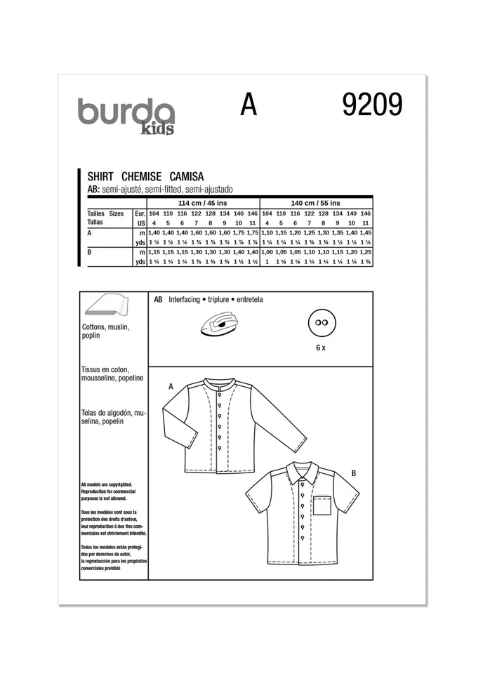 BURDA KIDS 9209 BOYS SHIRTS Sewing Pattern Ages 4-11 (104-146) Skill: SUPER EASY - Image 2 of 4