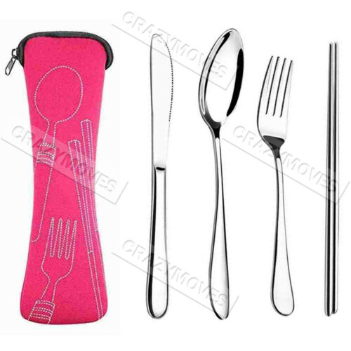 4x Cutlery Travel Knife Fork Portable Bag StainlessSteel Spoon Chopstick Set VIC - Picture 13 of 14