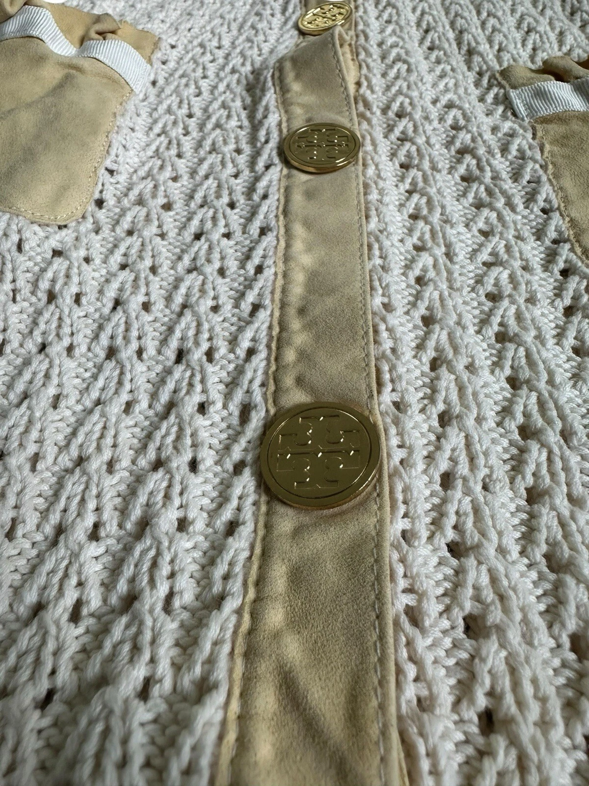 Abito Tory Burch maglia avorio scamosciato tasche bottoni oro taglia grande manica lunga