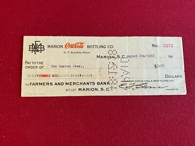 1918, Coca-Cola, MARION Bottling Company Check (Scarce