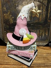 Sweet HALLOWEEN Pink Witch Hat on Faux Book Stack. 12  Resin NEW   