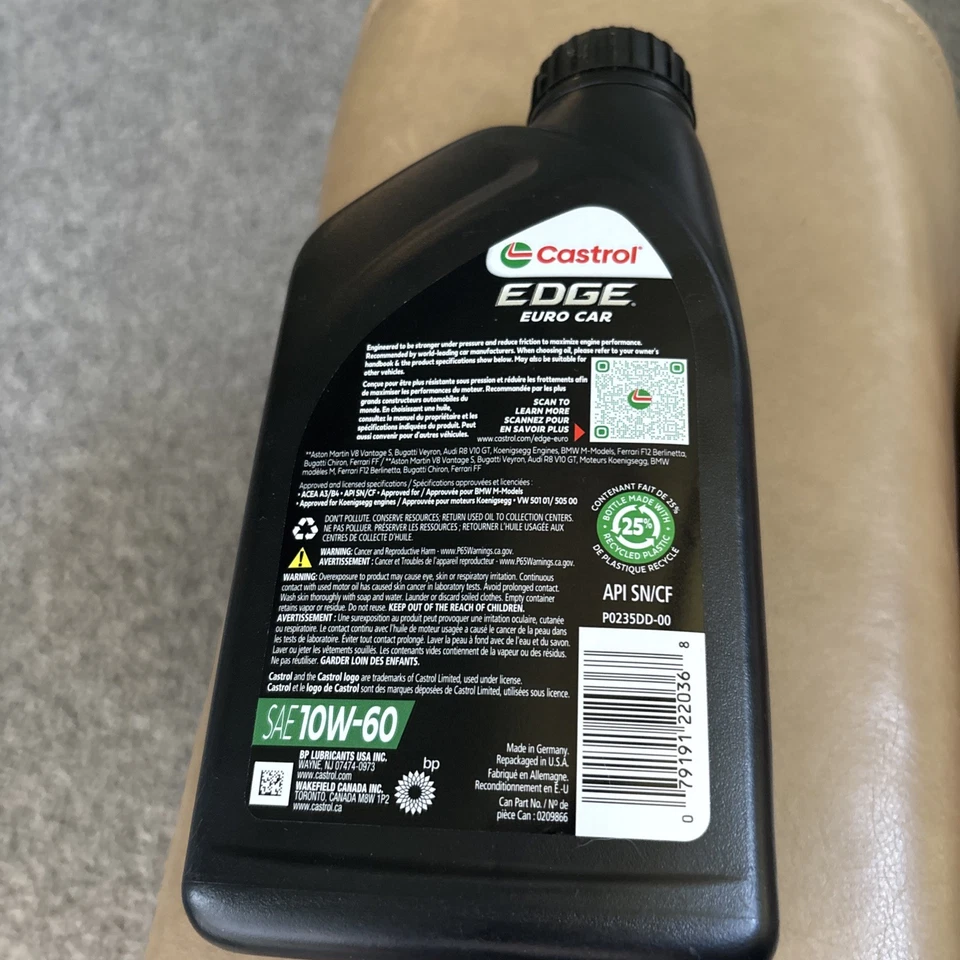 Aceite de motor Castrol Edge Euro Car 10w60 de 1 cuarto para BMW M3 M5 M6 Z3M Z4M Z8 Foto 2 de 2