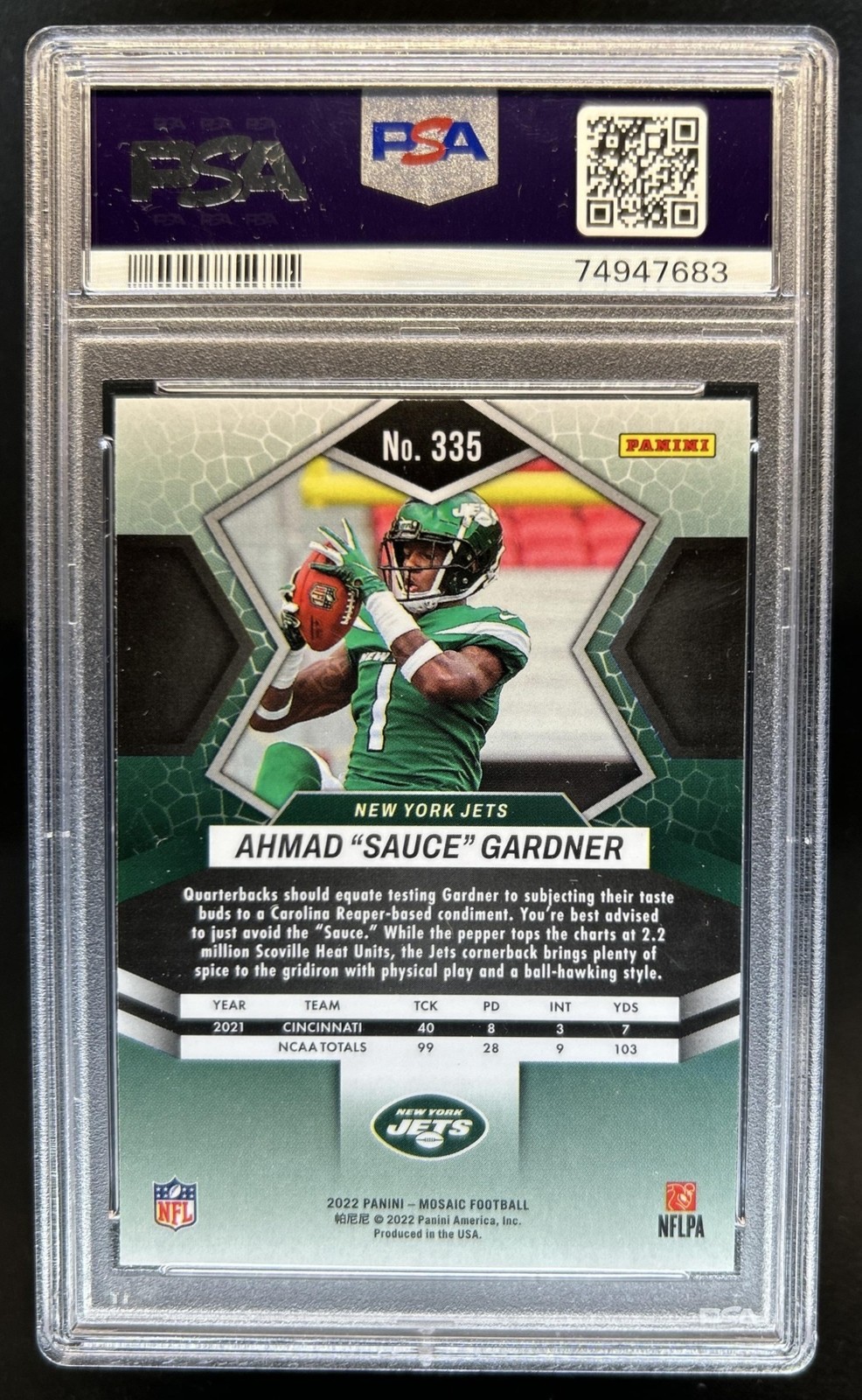 2022 Panini Mosaic Ahmad "Sauce" Gardner RC Rookie #335 Jets PSA 10 GEM MINT view 2