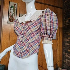 Vtg 1970s Victorian Revival Fitted Huge Balloon Sleeves Prairie Blouse Top XS/S