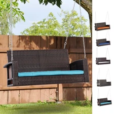 Outsunny 2-Person Outdoor Wicker Hanging Porch Swing Bench with Cushion