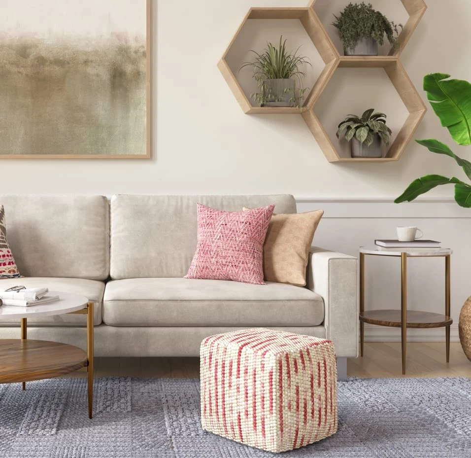 Puf Zoey Boho Cubo Tejido en Algodón Granate y Lana para el Salón, Dormitorio... Foto 2 de 4