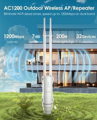 AC1200 Outdoor WiFi Extender Long Range Weatherproof Signal Booster with POE