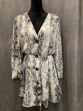 Zara Gray Snake Print Button Up Bishop Sleeve Fit & Flare Mini Dress Size S