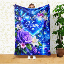 Blue Heart Butterflies Flowers Custom Name Coral Fleece Blanket