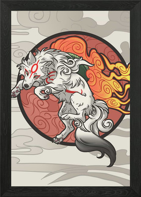 Weißer Wolf mit Flammen Okami Inspir Gerahmtes Wandbild Poster Leinwanddruck Bild