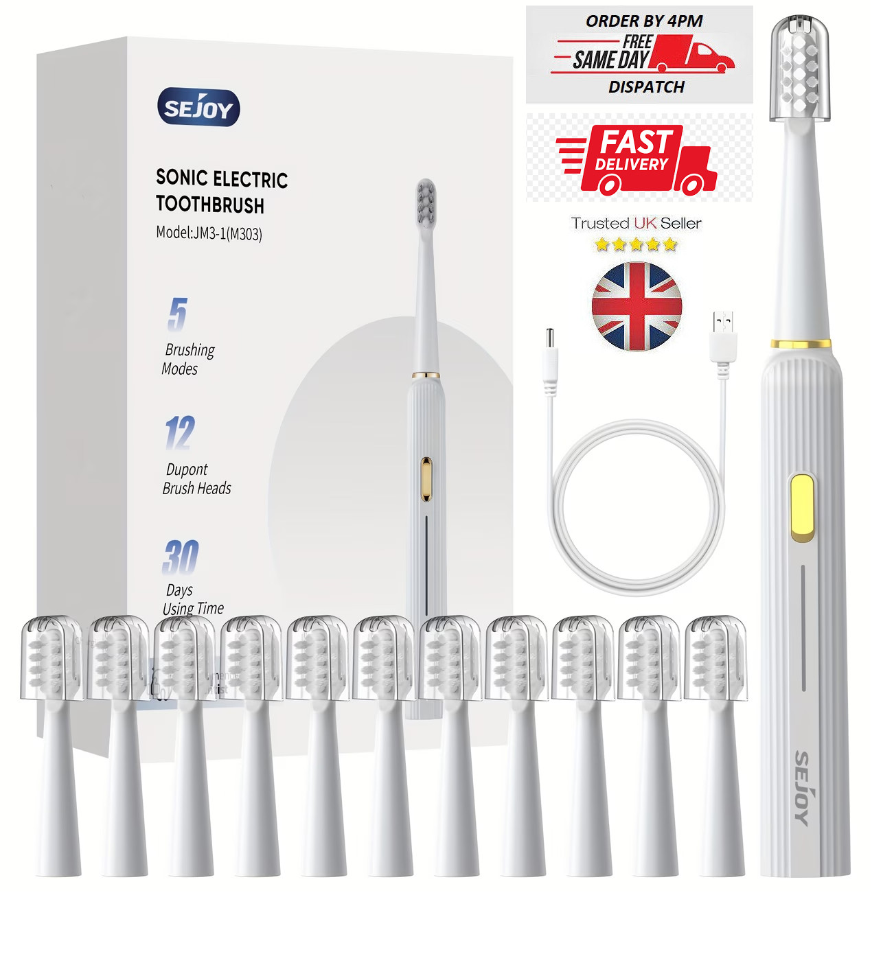 SEJOY Sonic Electric Toothbrush Rechargeable 5 Modes 12 Brush Heads 2 Min Timer
