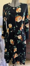 Black A-Line Dress Featuring Bright Orange & Cream Roses Vintage Size Medium