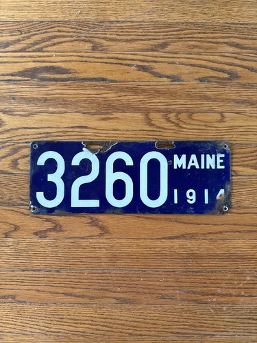 1914 Maine Porcelain License Plate #3260 Antique Baltimore Enamel (Rare, Orig.)