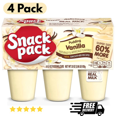 (4 pack) Vanilla Flavored Pudding, 6 Count Pudding Cups