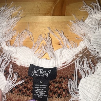Just Polly Bear Pattern Fringe Pullover Sweater Ivory Brown V-Neck