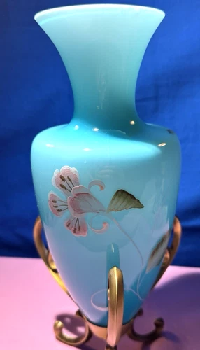 Fenton Landmark Collection Amphora Blue Glass Vase LE Painted Bird Art