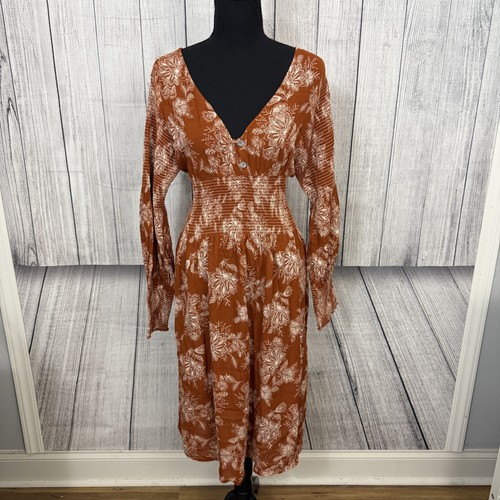 Abito donna Myra Bag arancione medio floreale midi boho vita smocked scollo a V nuovo con etichette