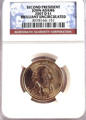 *2007 D JOHN ADAMS PRESIDENTIAL DOLLAR, NGC BU     #K56