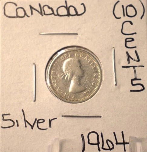 1964 Queen Elizabeth II Canadian 10 Cents Dime 80% Silver