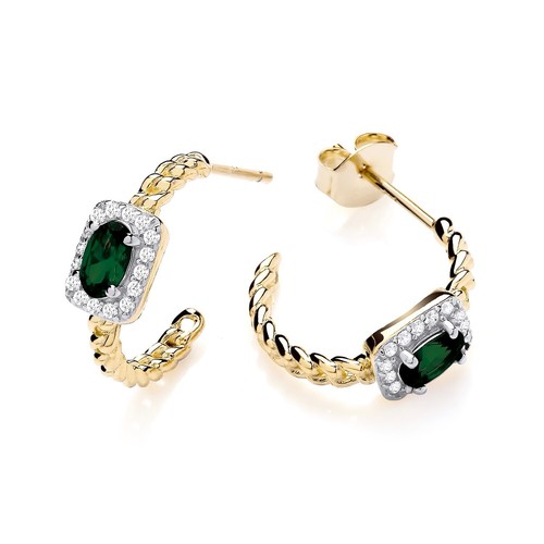 9ct Gold on Silver simulated Emerald & CZ Crystal Halo Huggie Cuff Stud Earrings - Picture 5 of 6