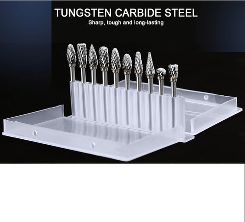 PlusRoc Double Cut Tungsten Carbide Rotary Burr Set 10 Pcs 1/8" Shank 1/4" Head - Picture 2 of 7