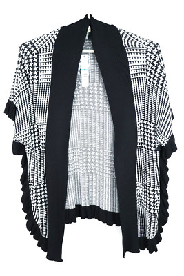 NWT JOSEPH Women Cardigan Sweater Open Ruffle Plaid Black White Geo Size XL $78