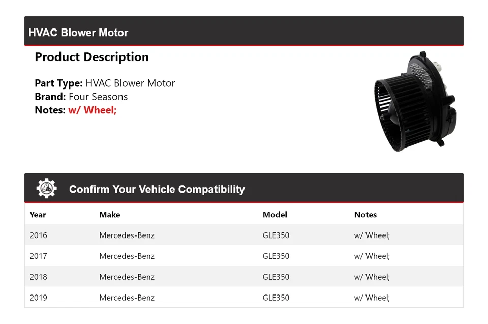 适用于 2016 - 2019 梅赛德斯 - 奔驰 GLE350 HVAC 吹风机电机 2017 年 4 季 — 第 2/3 张图片