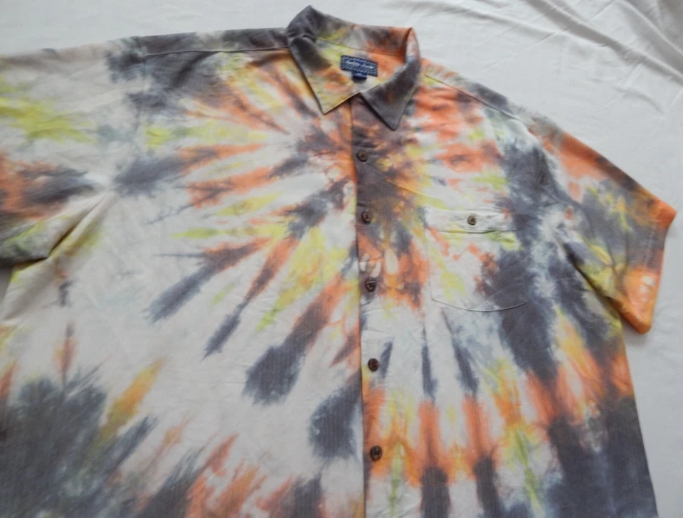 Camisa Tie Dye Naranja Negra Manga Corta Abotonada - 2XL Grande Para Hombre Hecha a Mano 2XB Foto 4 de 4
