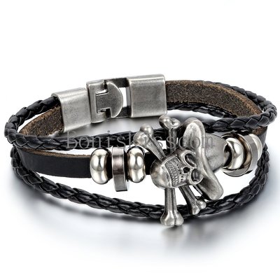 Men Women Skull Bone Charm Multi-layer Leather Wrap Cuff Buckle Bracelet Bangle