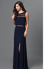  189 Nightway Navy Blue Striped Mesh Inset Illusion Jersey Gown 8 NWT Prom N287