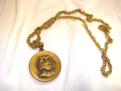 Exxon US Bicentennial Esso Tiger Mascot Bronze Pendant & Goldtone Chain Necklace