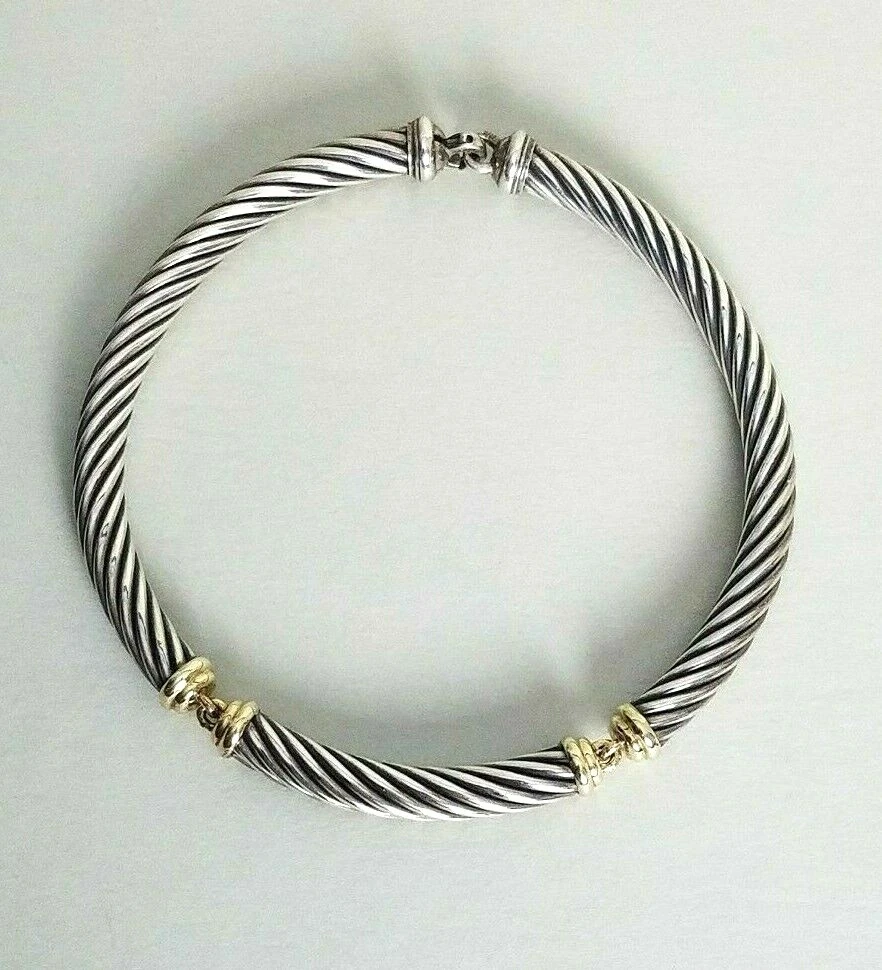 David Yurman Cable Choker Necklace 14K Gold Sterling Silver 3 Station Collar 9mm
