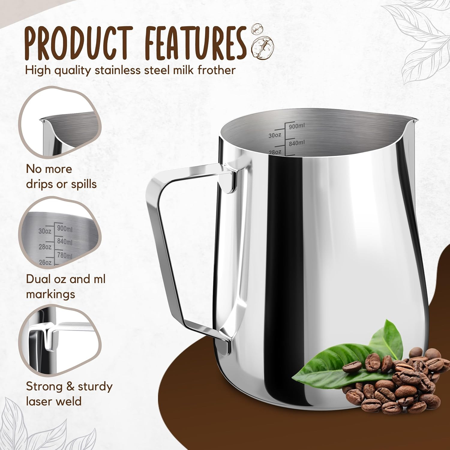 Milk Frothing Pitcher, 20OZ (600Ml)– Stainless-Steel Milk Frother Cup with Latte