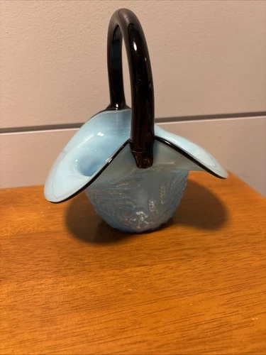 Beautiful Vtg Fenton Art Glass 6-3/4” Opalescent Blue Handled Basket