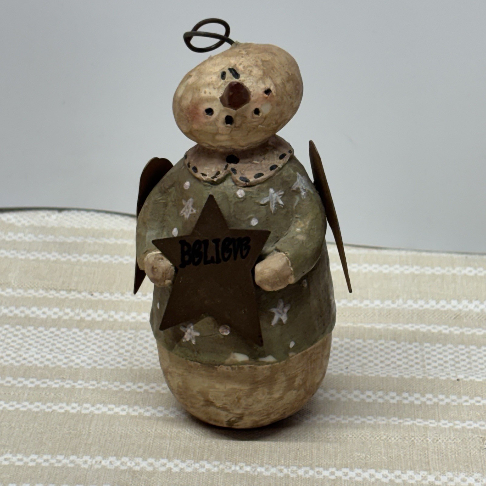 Primitive Angel Snowman Christmas Figure Believe Star  4.5” Rustic Carve Resin