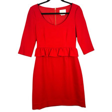 Kate Spade Cherry Red Dress Sz 4 Scoop Neck 3/4 Sleeve Peplum Cocktail Party