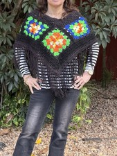 Handmade Black Whimsigoth Fairy Witch Crochet Fringed Wrap Shawl