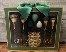 Glitz & Glam Green 8 Piece Makeup Brush Set Cosmetic Brush Set Rhinestone NEW