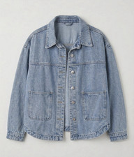 Women s Blue Cotton Short Button-Front Jacket Collared Pockets Solid S