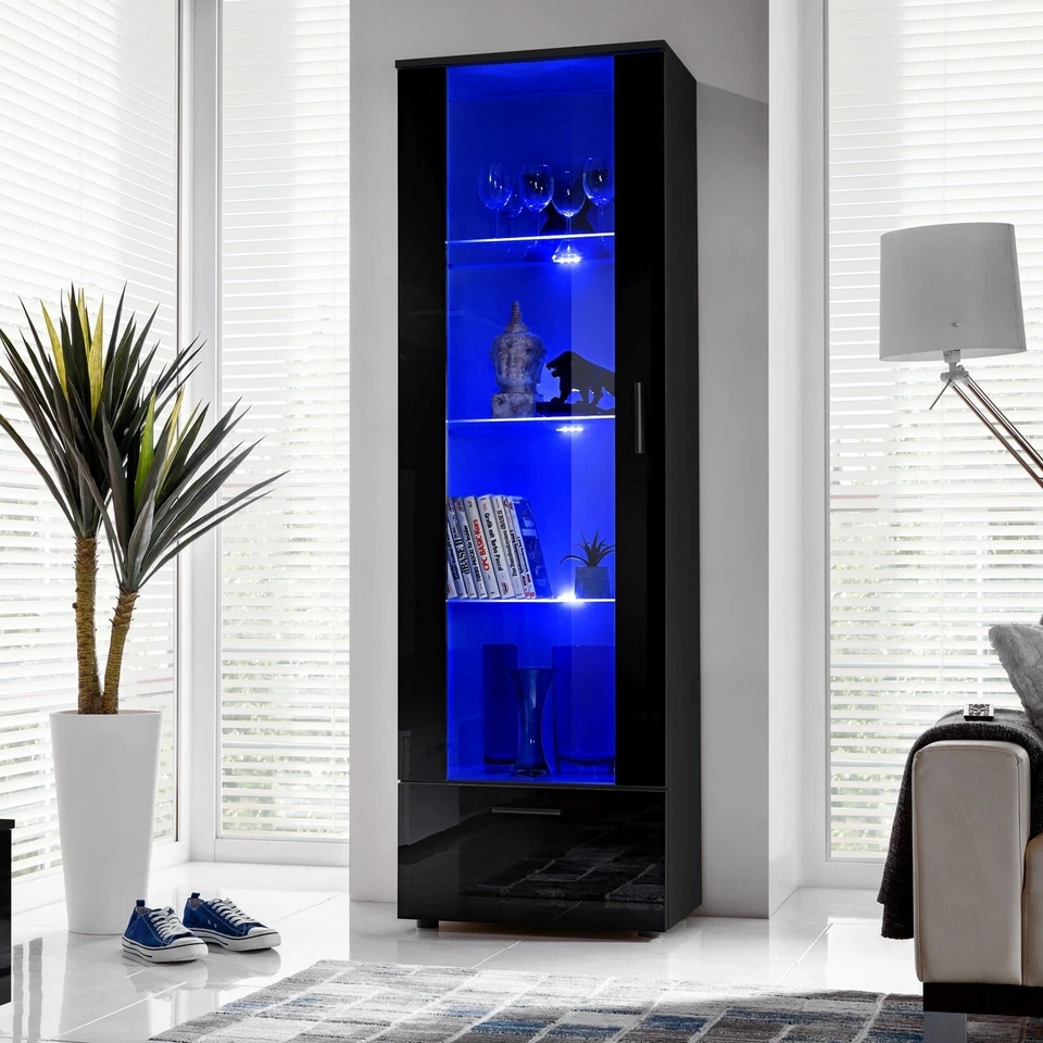 NEW komodee Tall Display Cabinet Alessandria Black White Wood Effect LED Glass