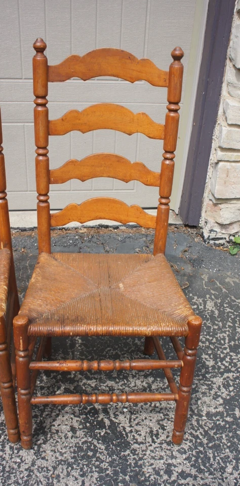 2 ~ Antique Ladder-Back Dining Chairs Woven Rush Seat Turned Wood Legs - Image 3 of 4