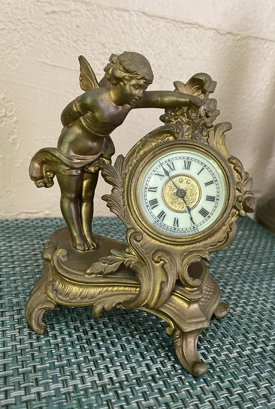 Antique Ansonia Cherub Clock Gilted Cast metal Clock Co USA 19 th